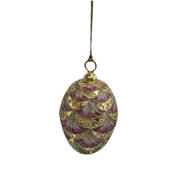 Vintage Pink Enamel Egg Ornament Gold Tone Christmas Holiday Tree Decor - Picture 1 of 9